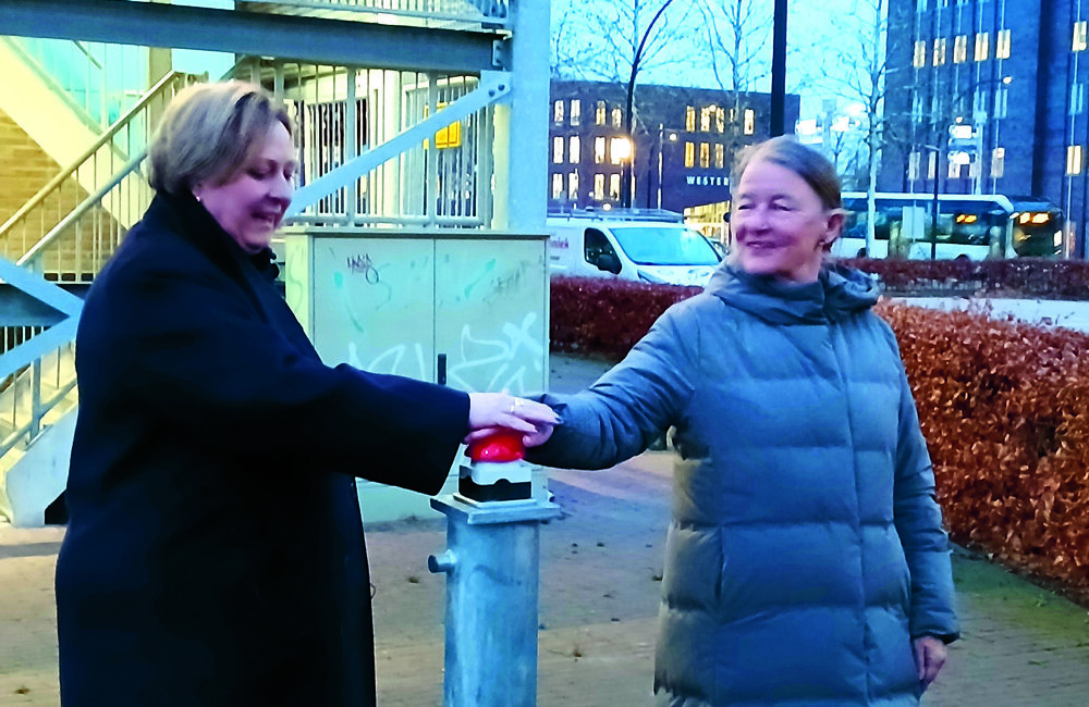 Wethouder en kunstenaar drukken op de knop en stellen de verlichting van het kunstwerk in.jpg